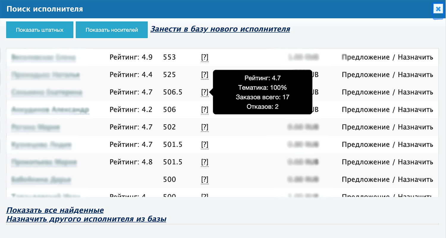 Скриншот системы по работе с базой исполнителей