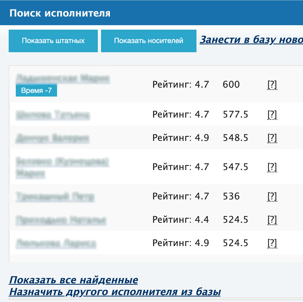 Фрагмент интерфейса системы подбора переводчиков