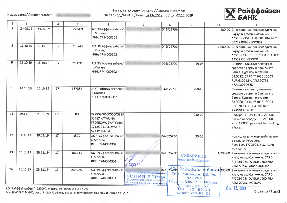 пример объемной банковской выписки 1 страница