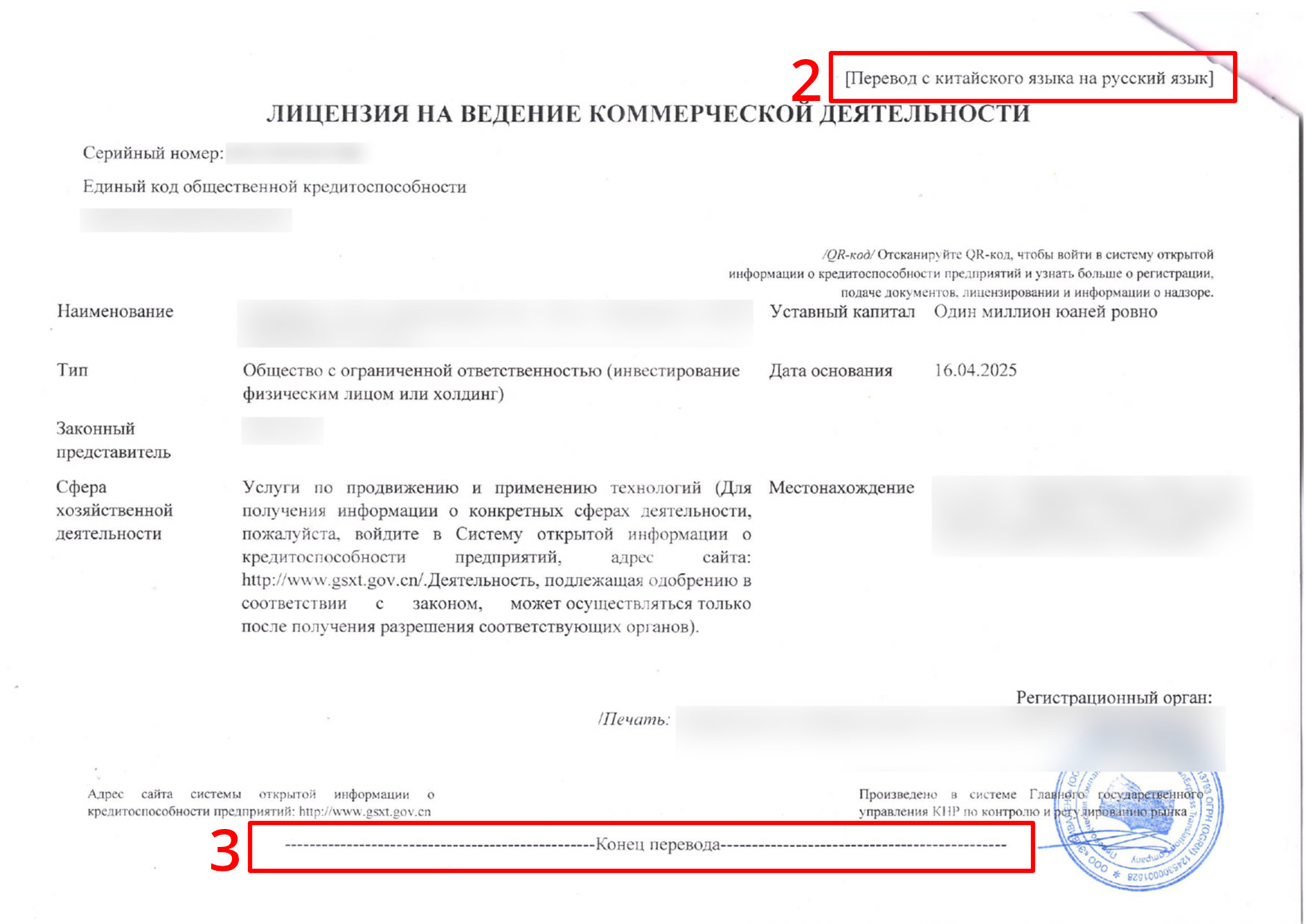 Скан с переводом бизнес-лицензии на русский